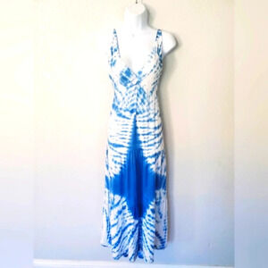 Lani Lau Hawaii Beautiful Blue & White Open Back Tie Dye Maxi Slip Dress  Small